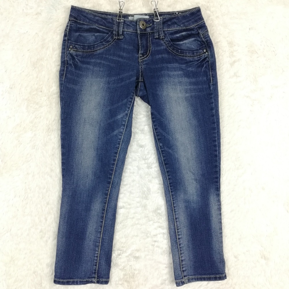 Rewind Womens Jeans Capri Blue Denim Low Rise Stone Wash Whiskering 3